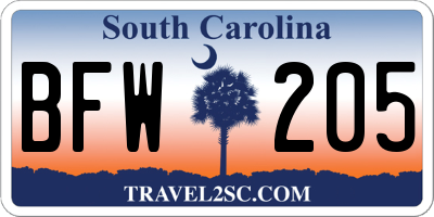 SC license plate BFW205