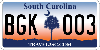 SC license plate BGK003