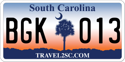 SC license plate BGK013