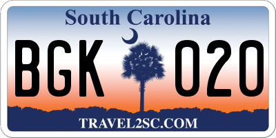 SC license plate BGK020