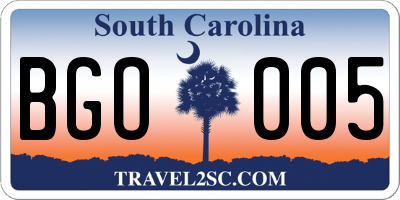 SC license plate BGO005