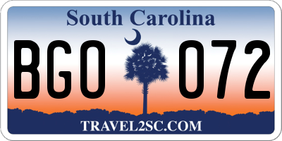 SC license plate BGO072