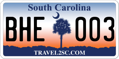 SC license plate BHE003
