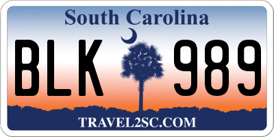 SC license plate BLK989