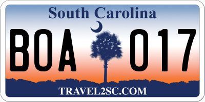 SC license plate BOA017