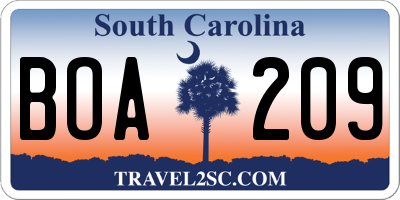 SC license plate BOA209