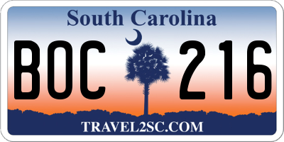 SC license plate BOC216