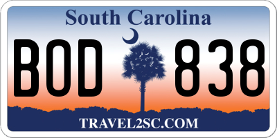 SC license plate BOD838
