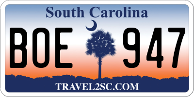SC license plate BOE947