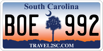 SC license plate BOE992