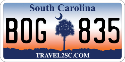 SC license plate BOG835