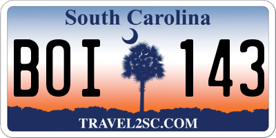 SC license plate BOI143