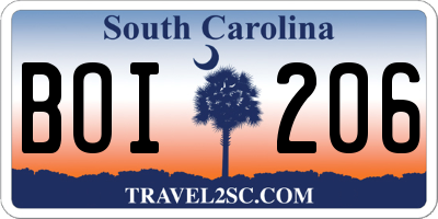 SC license plate BOI206