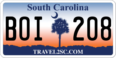 SC license plate BOI208
