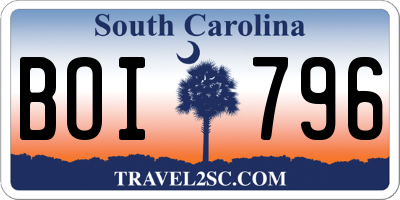 SC license plate BOI796