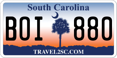 SC license plate BOI880