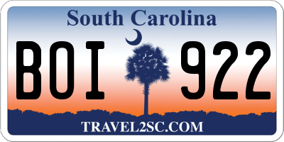 SC license plate BOI922