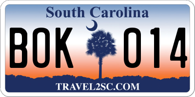 SC license plate BOK014