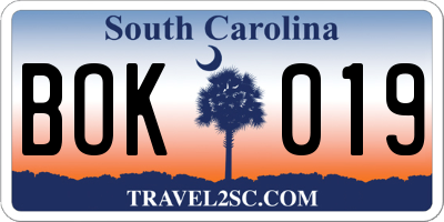 SC license plate BOK019