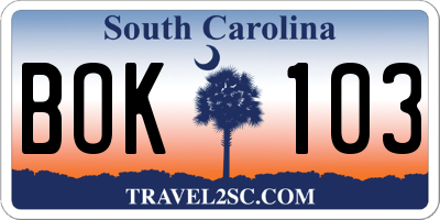 SC license plate BOK103