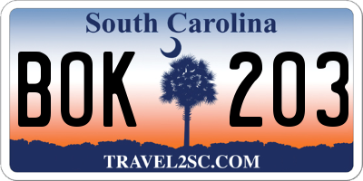 SC license plate BOK203