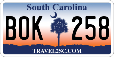 SC license plate BOK258