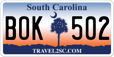 SC license plate BOK502