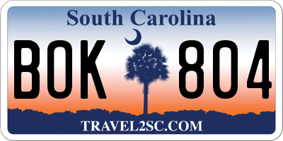 SC license plate BOK804