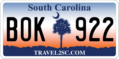SC license plate BOK922