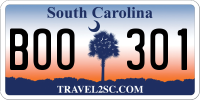 SC license plate BOO301