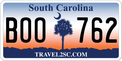 SC license plate BOO762