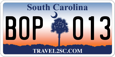 SC license plate BOP013