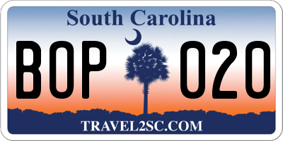 SC license plate BOP020