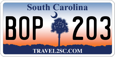 SC license plate BOP203