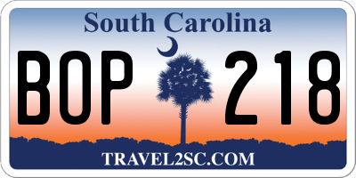 SC license plate BOP218