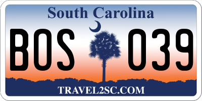 SC license plate BOS039