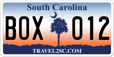 SC license plate BOX012