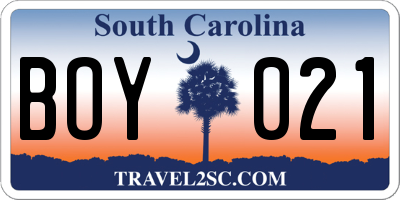 SC license plate BOY021