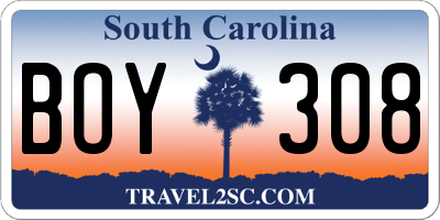 SC license plate BOY308