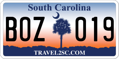 SC license plate BOZ019