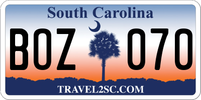 SC license plate BOZ070