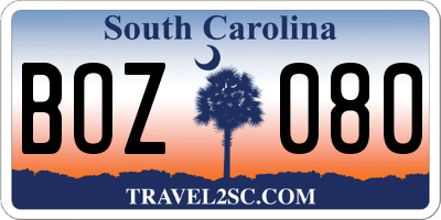 SC license plate BOZ080