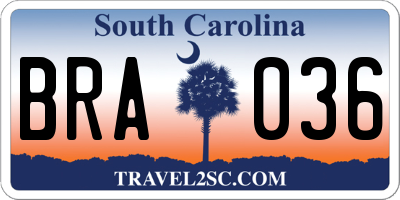 SC license plate BRA036