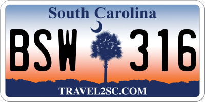 SC license plate BSW316