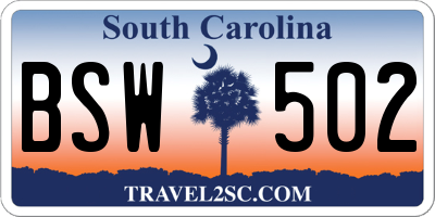 SC license plate BSW502