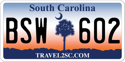 SC license plate BSW602