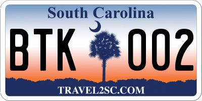 SC license plate BTK002