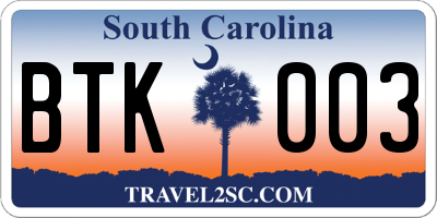 SC license plate BTK003