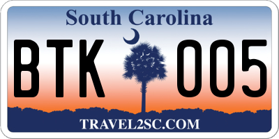 SC license plate BTK005