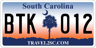 SC license plate BTK012